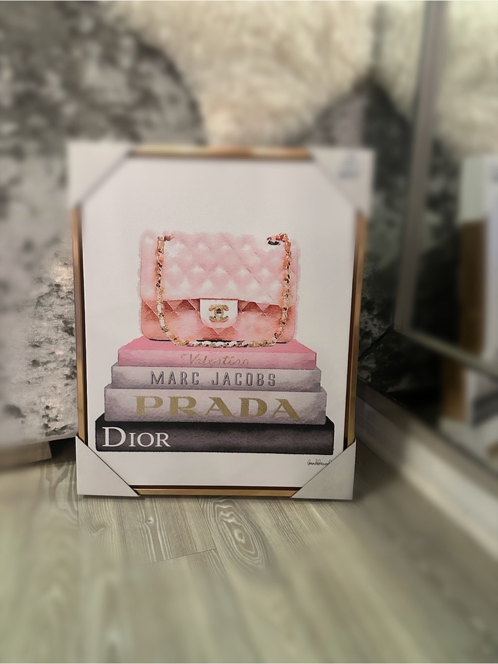 Gold Framed Canvas Wall Art Pink Designer Bag and Books Print